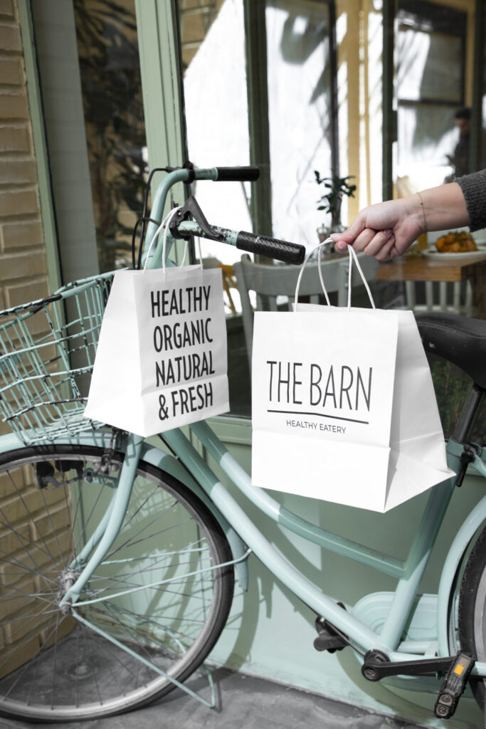 The Barn takeaway bags on a bicycle outside the restaurant